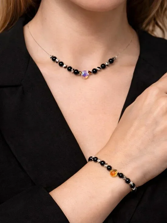 Obsidian Necklace & Bracelet Set with Silver Star Accents – Adjustable - Picture 4 of 6